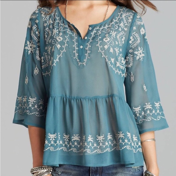 Free People Turquoise Embroidered Sheer Blouse Top - Picture 4 of 9